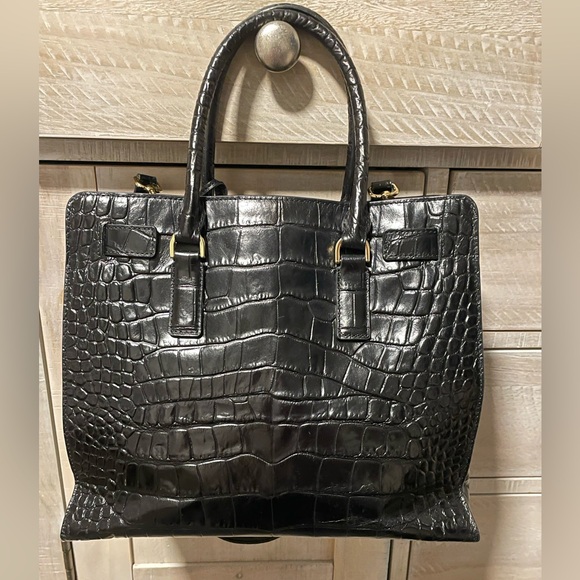 Micheal Kors Black Crocodile Embossed Leather Dillon Tote Bag w. Crossbody Strap - Picture 2 of 5